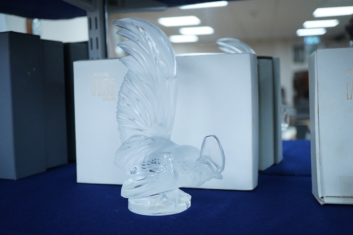 A Lalique cleat and frosted ‘Coq Nain’ (bantam rooster) mascot (boxed), 21cm high x 14cm wide